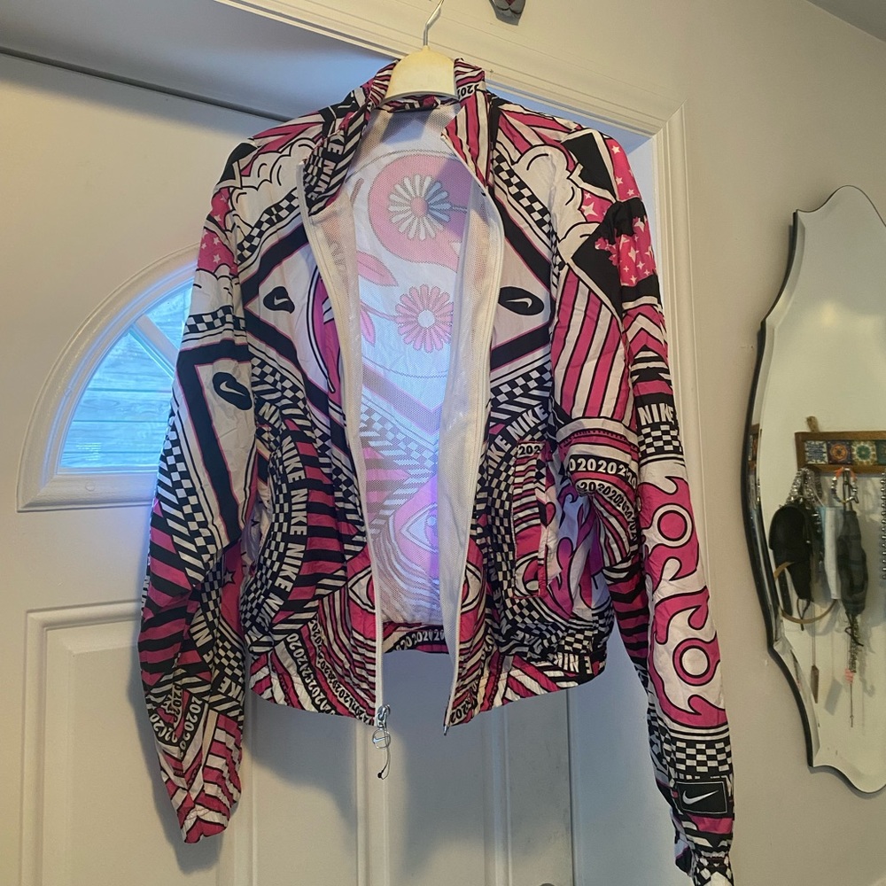 Nike windbreaker with floral pink and black pattern